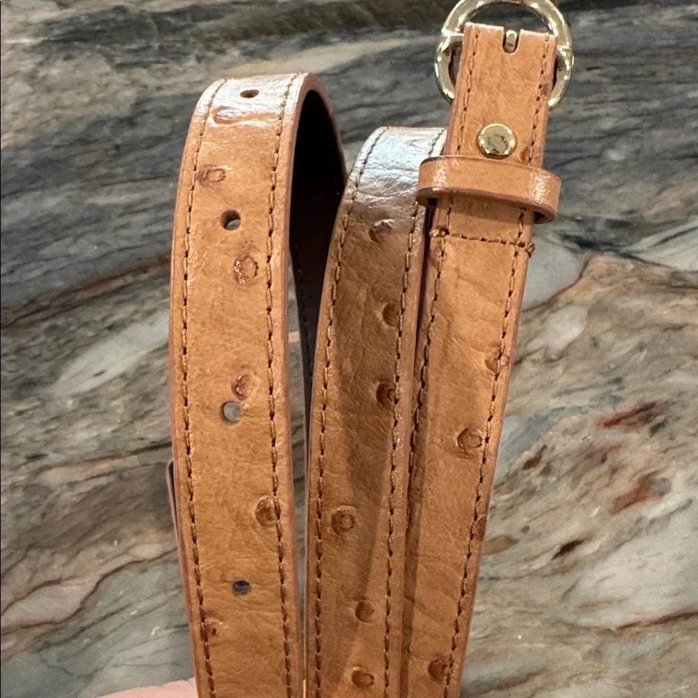 J. Crew Thin Ostrich-Embossed Leather Belt in Light Brown with Gold Buckle - Picture 4 of 4